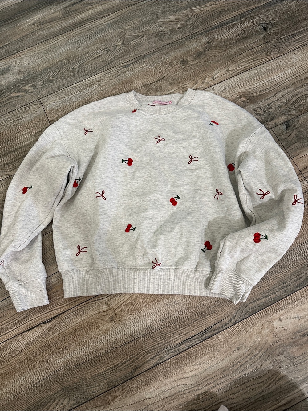 Embroidered Cherry Crewneck Sweater in Light Gray